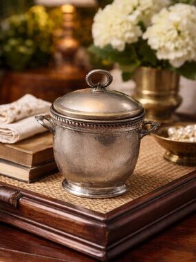 Vintage Silverplate Ice Bucket w/ Glass Liner & Tongs • Mid Century Barware